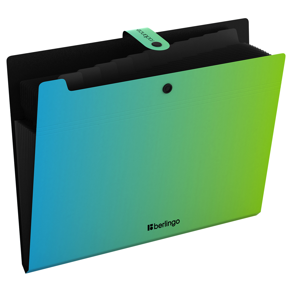 Папка 12 отделений Berlingo "Radiance", А4, 600мкм, на кнопке, голубой/зеленый градиент