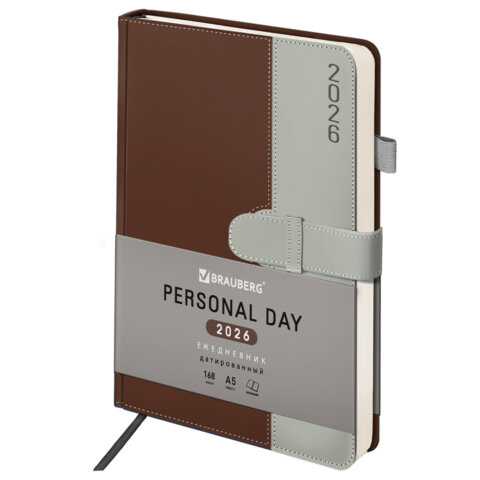 Ежедневник датированный 2026, А5, 138х213 мм, BRAUBERG "Esthetic", под кожу, держатель для ручки, застежка, коричневый/серый, 117374
