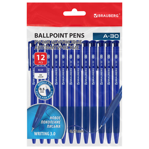 Ручки шариковые автоматические BRAUBERG A-30 "WRITING 3.0", КОМПЛЕКТ 12 ШТ, СИНИЕ, пишущий узел 0,5 мм, линия письма 0,25 мм, 144340