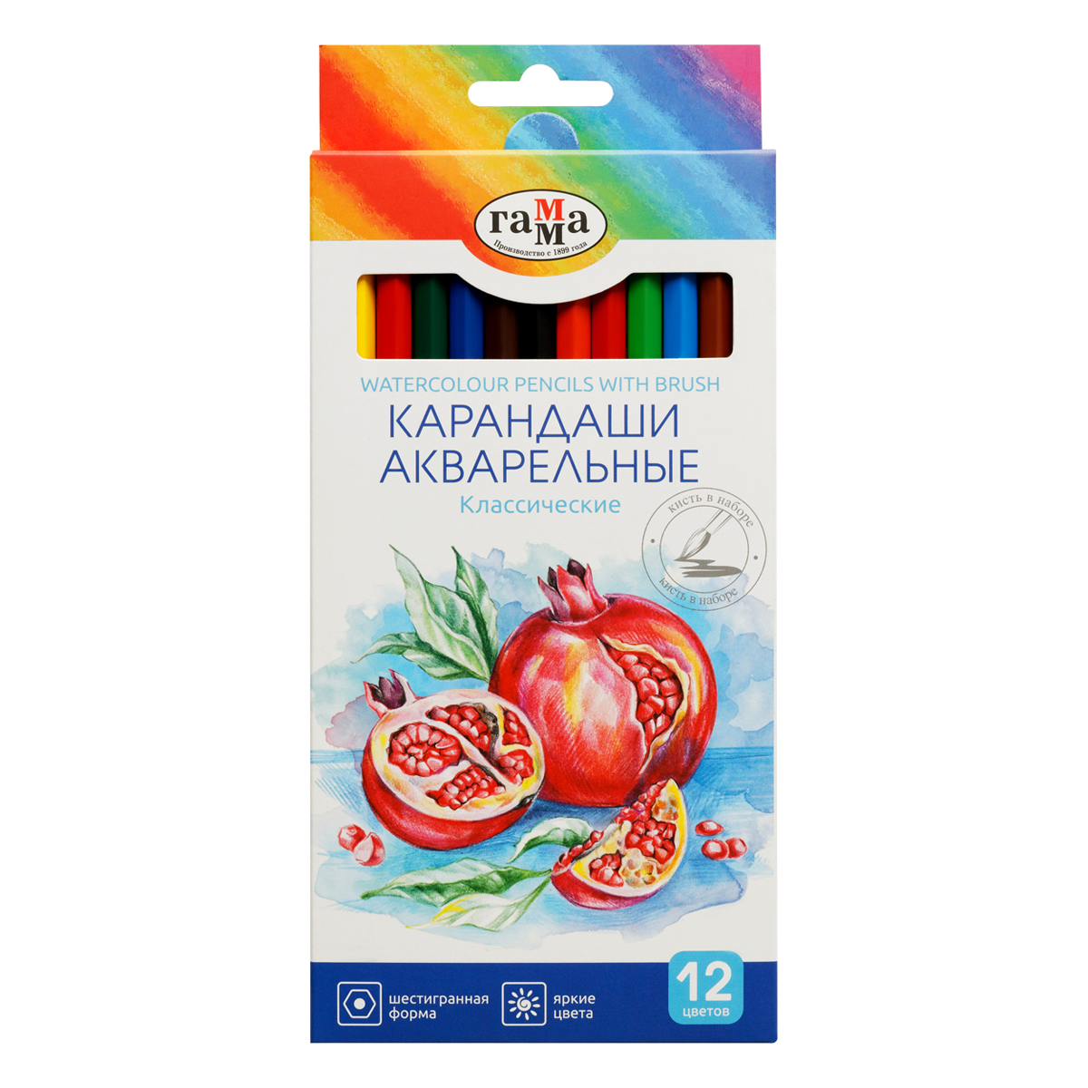 УЦЕНКА - Карандаши акварельные Гамма "Классические", 12цв., шестигранные, заточен., с кистью, картон. упак., европодвес