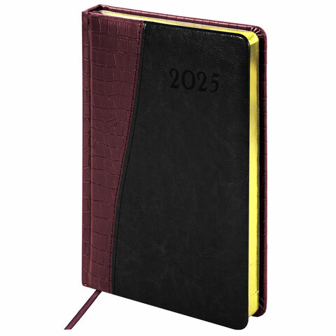 Ежедневник датированный 2025, А5, 138x213 мм, BRAUBERG "Cayman", под кожу, коричневый/черный, 115771