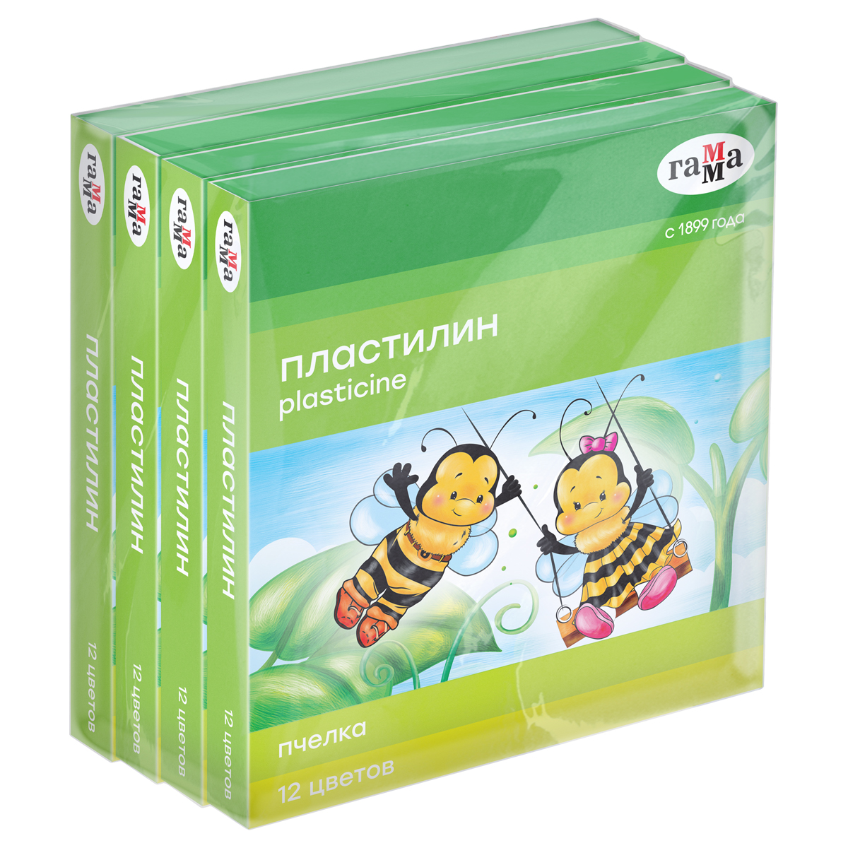 Пластилин восковой мягкий Гамма "Пчелка", 12 цветов, 180г, со стеком, картон. упаковка (4шт.) т/у