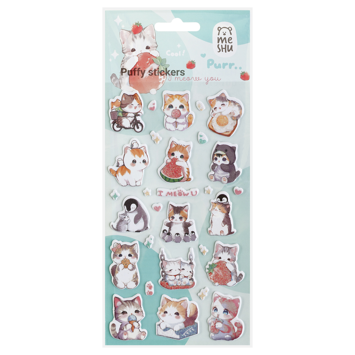 Наклейки объемные MESHU "I meow you", 10*23см, с блестками, инд. уп., европодвес