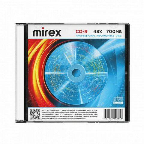 Диск CD-R MIREX, 700 Мб 48x Slim Case, 1 штука, UL120051A8S