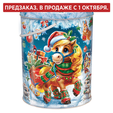 Подарок новогодний "НОВОГОДНИЙ КУРЬЕР",1000 г, НАБОР конфет, жестяная туба с ручкой, МОСУПАК