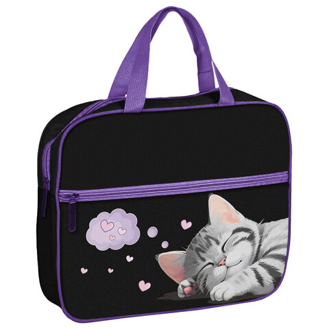 Папка на молнии с ручками BRAUBERG А4, 1 отделение, карман на молнии, 80 мм, "Sleeping kitten", 273309