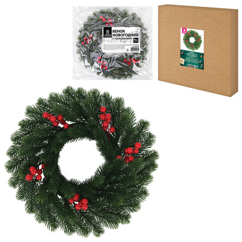 Венок новогодний, d42 см "Красные ягодки", с декором, литой ПЭТ, ЗОЛОТАЯ СКАЗКА, 592517