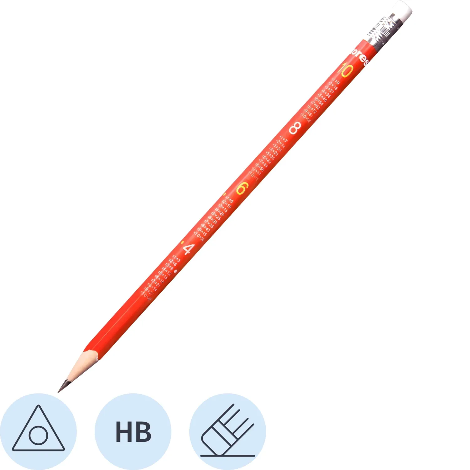 Карандаш чернографитный Kores трехгранный HB с ластиком и таблицей умножени