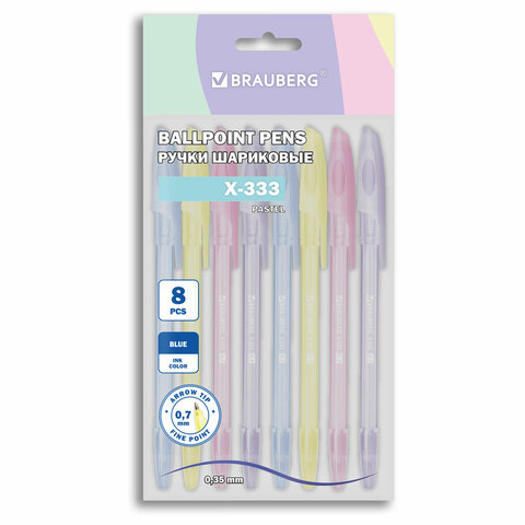 Ручки шариковые BRAUBERG "X-333 PASTEL", НАБОР 8 ШТУК, СИНИЕ, узел 0,7 мм, линия письма 0,35 мм, 144531