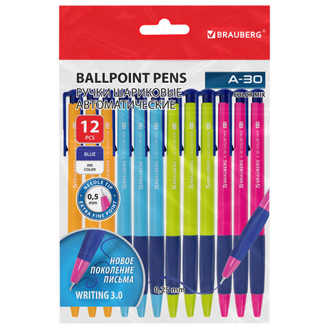 Ручки шариковые автоматические BRAUBERG A-30 COLOR MIX "WRITING 3.0", КОМПЛЕКТ 12 ШТ., СИНИЕ, узел 0,5 мм, линия 0,25 мм, 144342