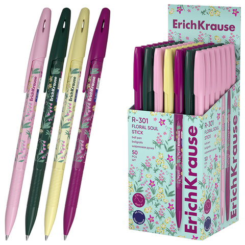 Ручка шариковая ERICH KRAUSE "R-301 Stick Floral" СИНЯЯ, синяя, корпус ассорти, линия 0,35 мм, 63077