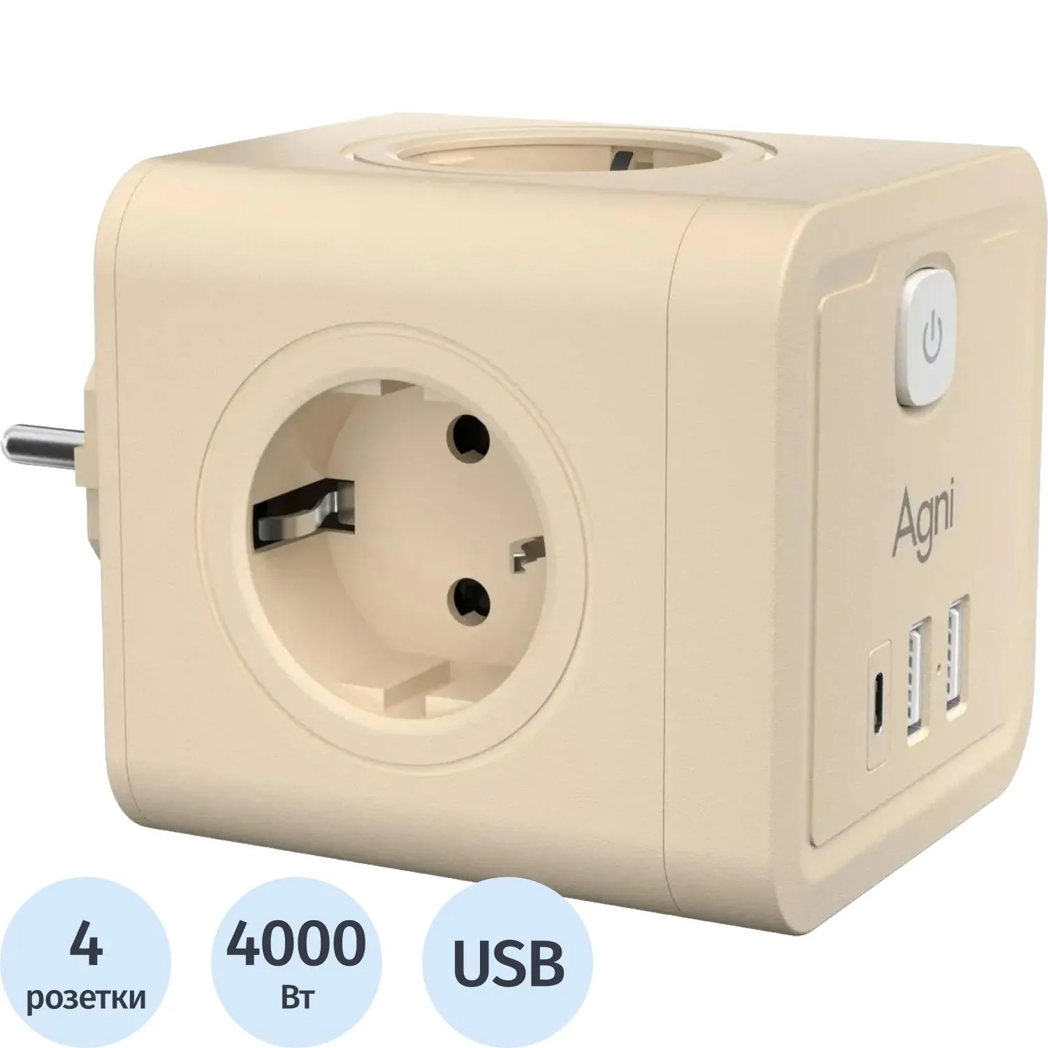 Тройник AGNI 4/220 + 2 USB + 1 Type C, слоновой кости(TP-WJ3U4E-C-ivory)