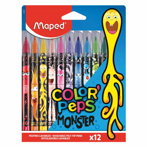 Фломастеры MAPED COLOR PEP'S Monster, 12 цветов, смываемые, вентилируемый колпачок, 845400