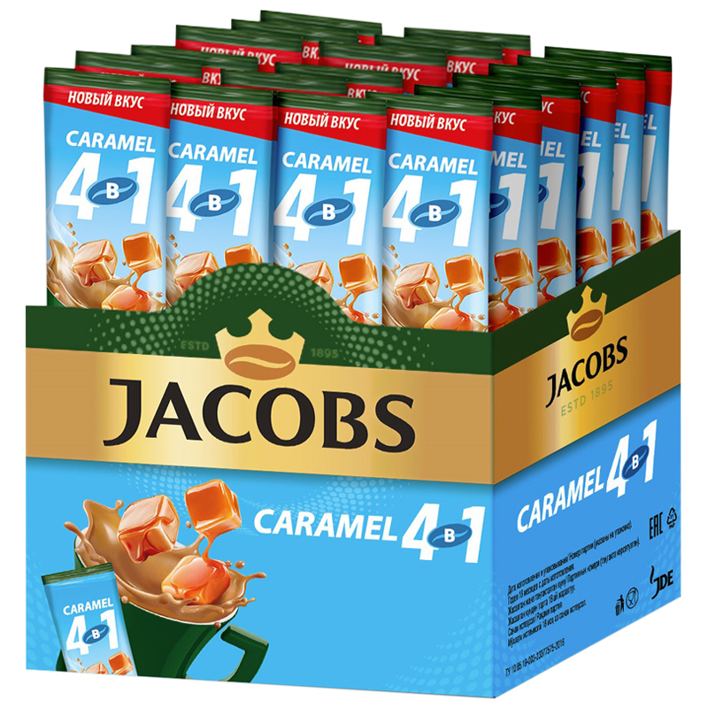 Кофе растворимый Jacobs "Caramel", со вкусом карамели, 4в1, порционный 24 пакетика*13,5г