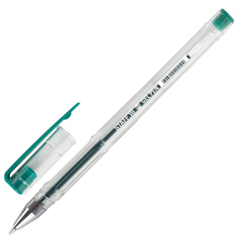 Ручка гелевая STAFF "Basic", ЗЕЛЕНАЯ, корпус прозрачный, хромированные детали, узел 0,5 мм, линия письма 0,35 мм, 142791