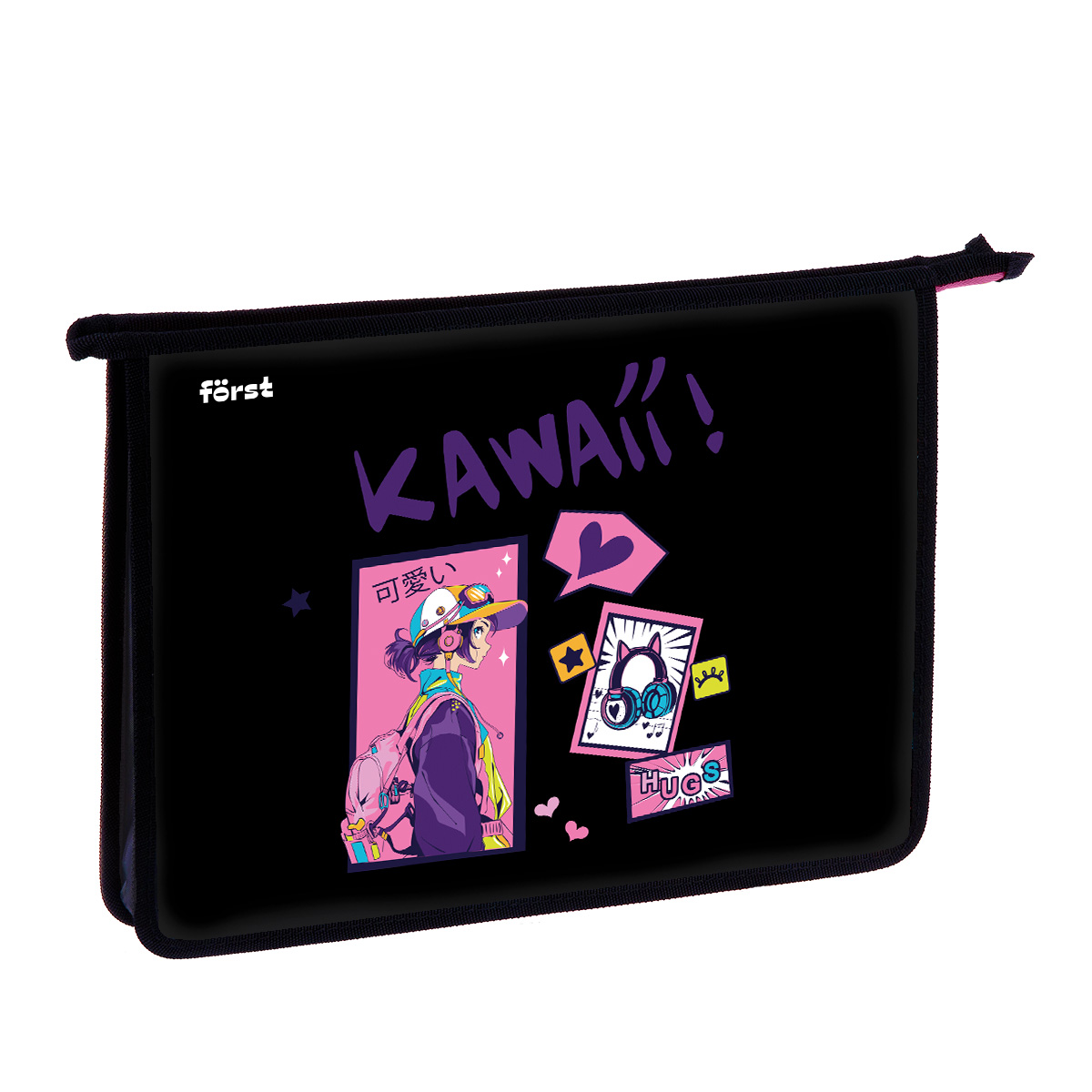 Папка для тетрадей 1 отделение, А4 Först "Kawaii" , 340*245*40 мм, пластик, на молнии