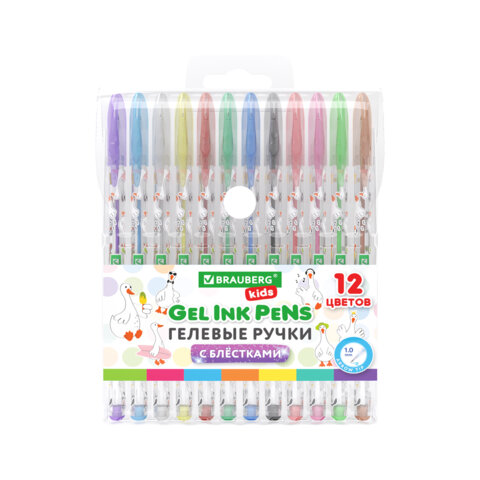 Ручки гелевые С БЛЕСТКАМИ BRAUBERG KIDS "CUTE ANIMALS", НАБОР 12 ЦВЕТОВ, корпус с печатью, узел 1 мм, линия письма 0,7 мм, 144446