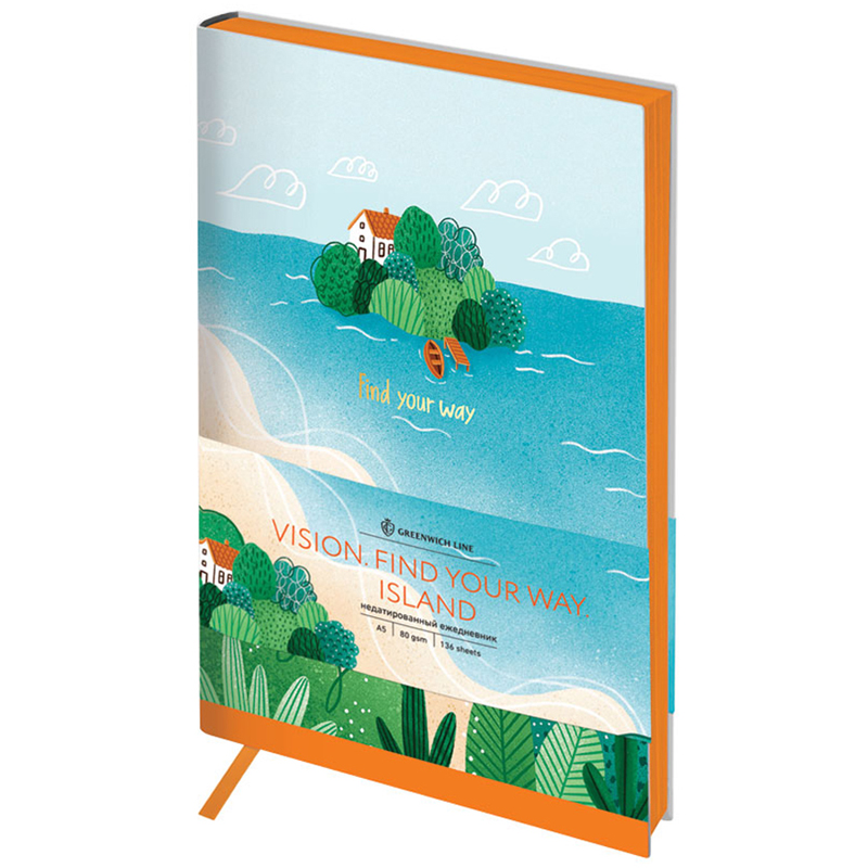 Ежедневник недатир. А5, 136л., кожзам, Greenwich Line "Vision. Find your way. Island", тон. блок, цветной срез