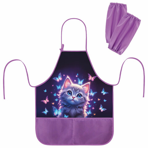 Фартук с нарукавниками для уроков труда BRAUBERG KIDS, 2 кармана, регулировка по росту, 46x54 см, "Curious cat", 273638