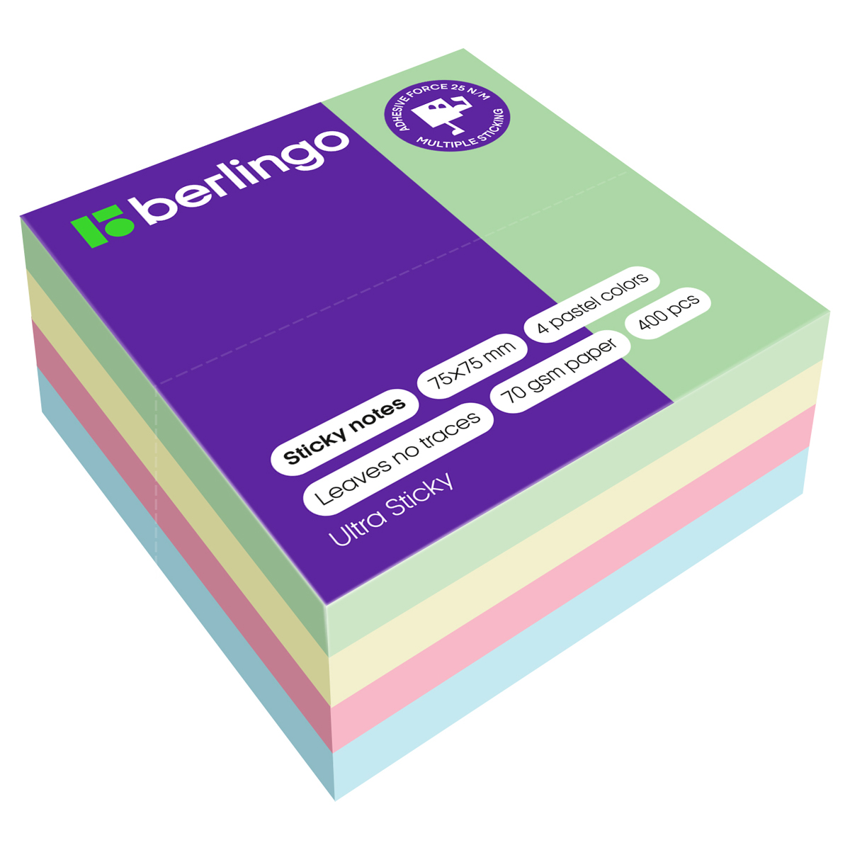 Самоклеящийся блок Berlingo "Ultra Sticky", 75*75мм, 400л, 4 пастельных цвета