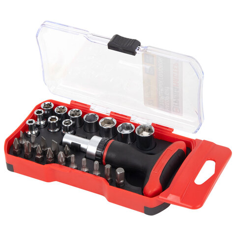 Набор бит и торцевых головок с трещоткой 1/4", 27 предметов, пластиковый бокс, ГРАНДМАСТЕР, 671327