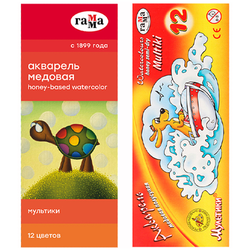 Акварель Гамма "Мультики", медовая, 12 цветов, без кисти, картон. упаковка