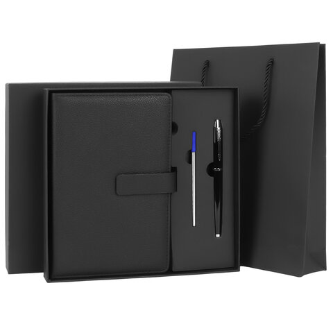 Ежедневник в подарочном наборе 5 в 1, А5, 145x212 мм, BRAUBERG "President", под кожу, 160 листов, черный, 116850