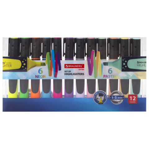 Набор текстовыделителей BRAUBERG 12 шт., АССОРТИ, "SUPER", прорезиненный корпус, линия 1-5 мм, 151758
