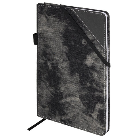 Блокнот А5 135x210мм BRAUBERG Denim, ткань/экокожа, резинка, держатель, 80л клетка, черный, 117140