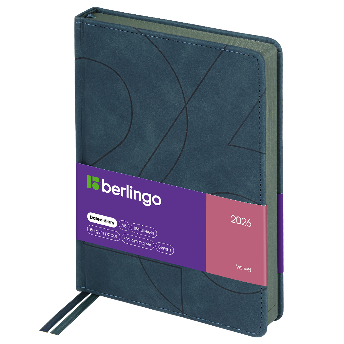 Ежедневник датированный 2026г., А5, 184л., кожзам, Berlingo "Velvet", цветной срез, зеленый