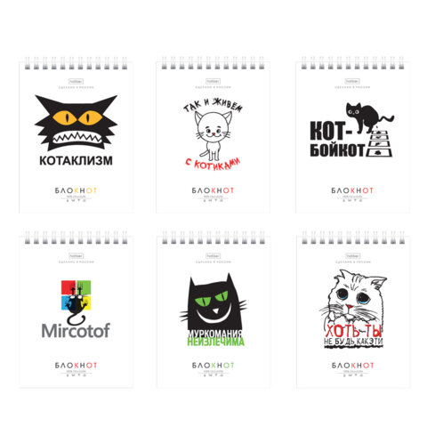 Блокнот МАЛЫЙ ФОРМАТ А6 40л, гребень, картон, клетка, HATBER, Муркомания, 090640, 40Б6В1гр