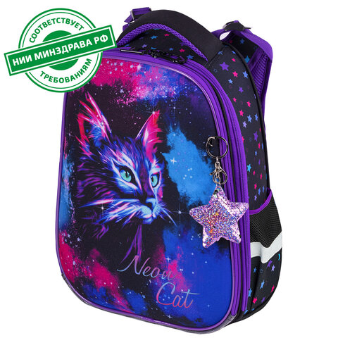 Ранец BRAUBERG PREMIUM, 2 отделения, с брелком, "Neon сat", 38х29х16 см, 271352