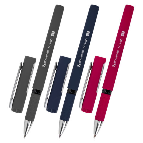 Ручка шариковая с грипом BRAUBERG "VIVID", СИНЯЯ, SOFT TOUCH покрытие, узел 0,7 мм, линия письма 0,35 мм, 144396