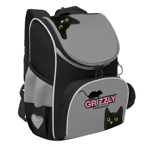 Ранец GRIZZLY анатомическая спинка, с мешком для обуви, для девочек, "BLACKY", серый, 33х25х13 см, RAm-584-1/2