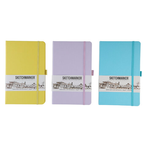 Скетчбук, слоновая кость, 140 г/м2, 130х210 мм, 80 л., КОЖЗАМ, резинка, SKETCHMARKER, 3 цвета ПАСТЕЛЬ, 2972, 23142972OFM