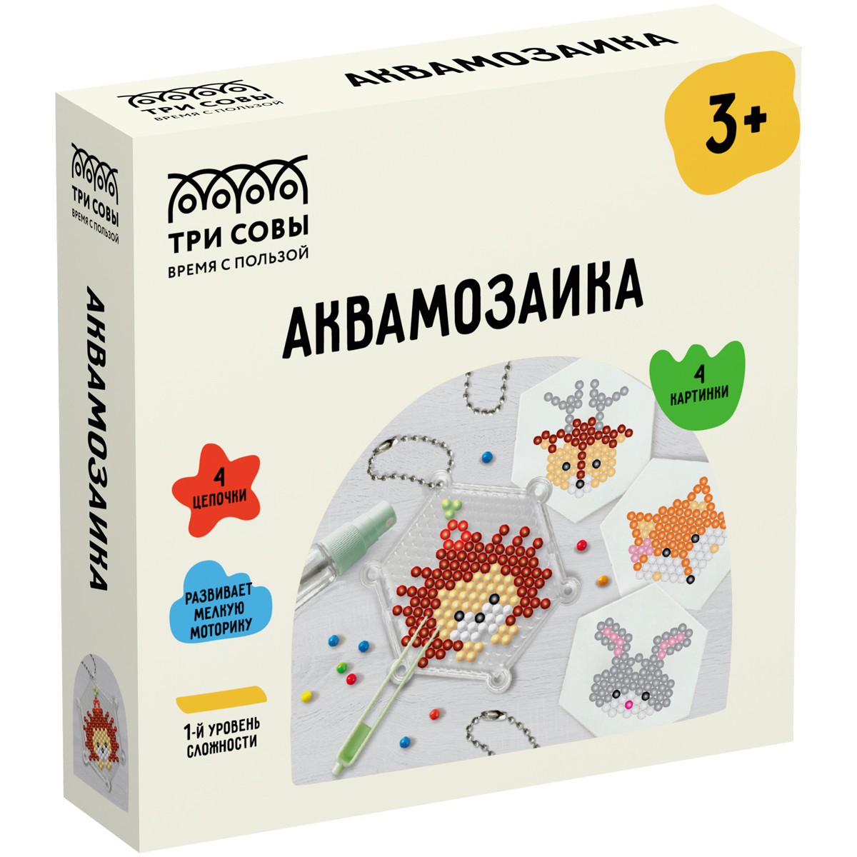 Аквамозаика ТРИ СОВЫ "Лесные животные", набор инструментов, трафареты, картонная коробка 12*12см