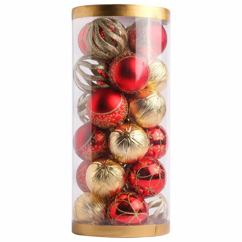 Шары ёлочные НАБОР 24 шт., 6 см, "Red&Gold", пластик, красные/золото, туба, ЗОЛОТАЯ СКАЗКА, 592169