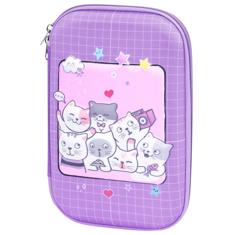 Пенал ЮНЛАНДИЯ большой, 1 отделение, 1 откидная планка, карман, полиэстер/EVA, 22х15х5 см, Cats selfie, 273193