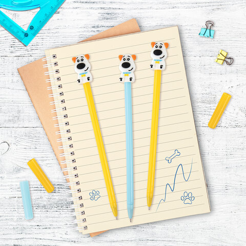 Ручка с топпером шариковая масляная ЮНЛАНДИЯ "Собачка", корпус ассорти, СИНЯЯ, пишущий узел 0,7 мм, 143807