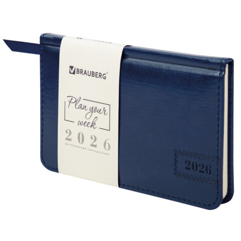 Еженедельник датированный 2026, МАЛЫЙ ФОРМАТ 95х155 мм, А6, BRAUBERG "Imperial", под кожу, синий, 117187