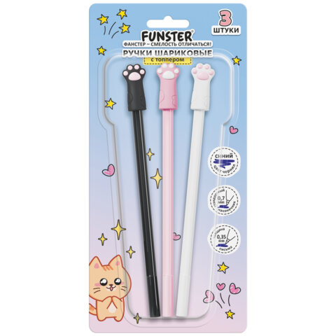 Ручки с топпером шариковые FUNSTER (ФАНСТЕР) "CAT PAWS", НАБОР 3 ШТУКИ, СИНИЕ, пишущий узел 0,7 мм, линия письма 0,35 мм, 144375