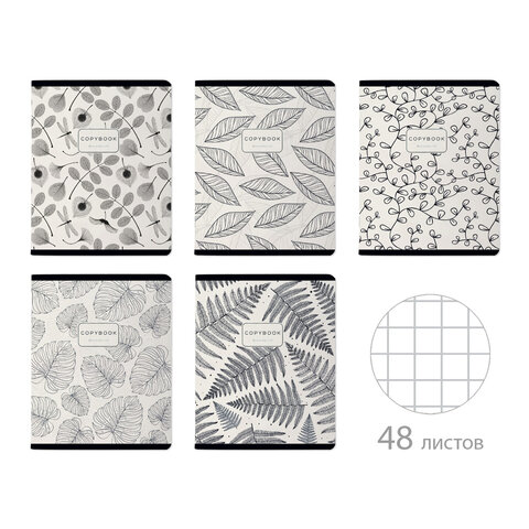 Тетрадь А5, 48 л., BRUNO VISCONTI, скоба, клетка, Soft-Touch, фольга, "BLACK&WHITE.FLORA" (5 видов), 7-48-1369