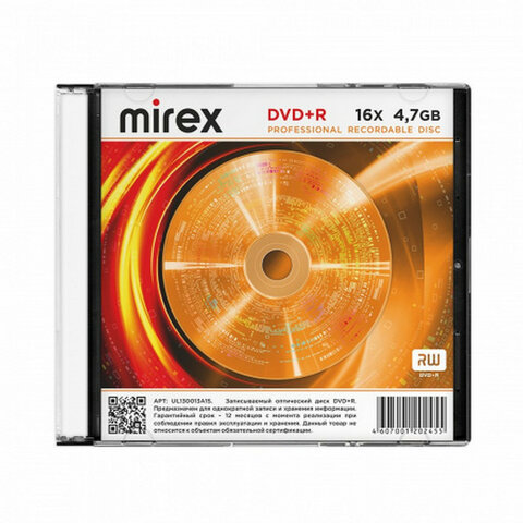 Диск DVD+R (плюс) MIREX, 4,7 ГБ 16x Slim Case, 1 штука, UL130013A1S