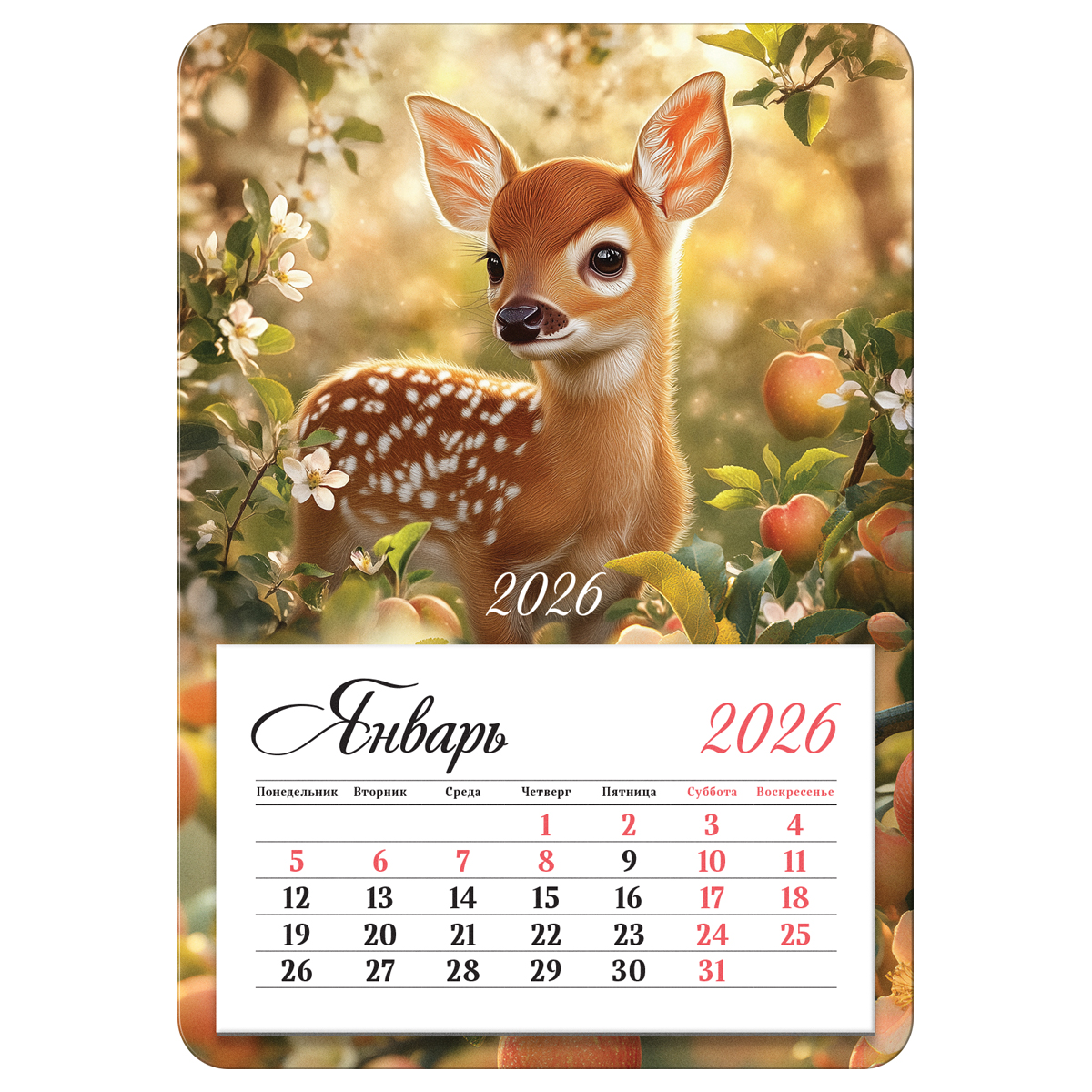 Календарь отрывной на магните, 95*135 мм склейка BG "Оленёнок", 2026г.