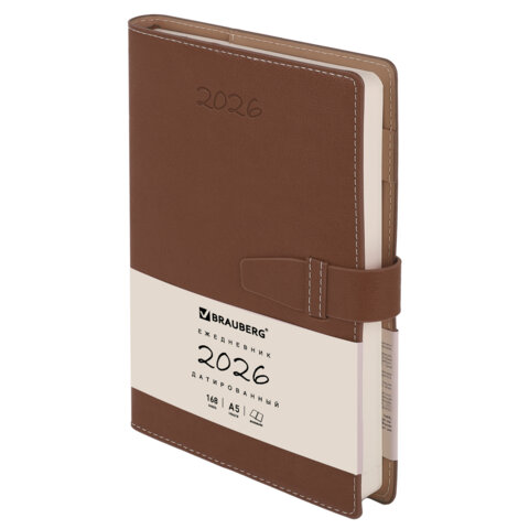 Ежедневник датированный 2025, А5, 143х218 мм, BRAUBERG "Journal", под кожу, застежка, держатель для ручки, органайзер, коричневый, 117383