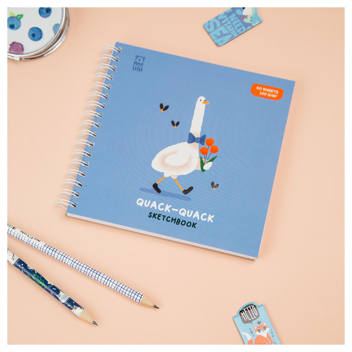 Скетчбук 60л., 150*150 MESHU "Quack-Quack", на гребне, 120г/м2, выб. лак, soft-touch