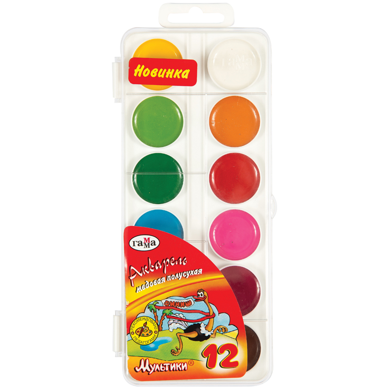 Акварель Гамма "Мультики", медовая, 12 цветов, без кисти, пластик. упак., европодвес