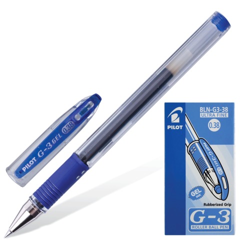Ручка гелевая PILOT "G-3", корпус прозрачный, узел 0,38 мм, линия 0,2 мм, резиновый упор, синяя, BLN-G3-38 L