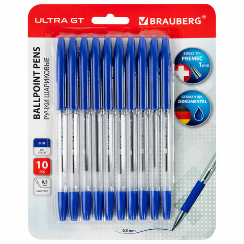 Ручки шариковые с грипом BRAUBERG "ULTRA GT", НАБОР 10 ШТУК, СИНИЕ, линия 0,5 мм, блистер, 144056