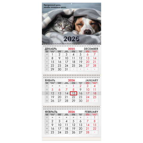 Календарь квартальный на 2026 г., 3 блока, 3 гребня, бегунок, офсет, BRAUBERG, "Домашние любимцы", 116763